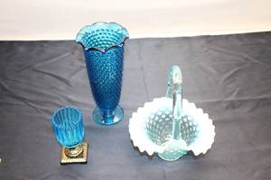 lot 4 image: Collection of 3 Vintage Blue Glass Decor Items - Vase, Basket, and Candle Holder