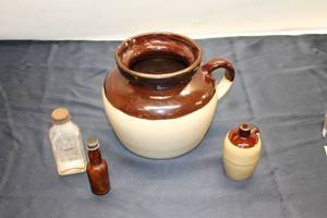 lot 23 image: Collection of Vintage Pottery and Glass Bottles - Includes 1 Pitcher and 3 Bottles