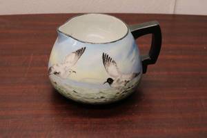 lot 27 image: Hand-Painted Czech Pitcher with Bird Motif - Collectors Piece
