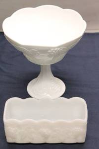 lot 32 image: Vintage White Milk Glass Compote Bowl and Rectangular Dish - Grapevine Design