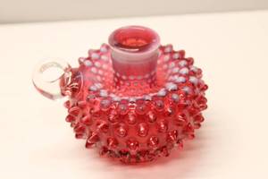 lot 33 image: Fenton Cranberry Hobnail Opalescent Candlestick
