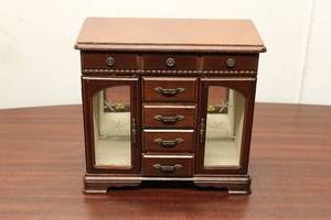 lot 46 image: Vintage Wooden Jewelry Box with Glass Doors and Multiple Drawers