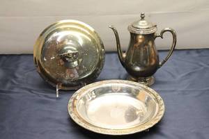 lot 64 image: Vintage Silverplated Serving Set - Teapot, Covered Dish, and Platter