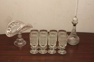 lot 67 image: Set of 10 Vintage Crystal Glasses with Decanter and Serving Dish
