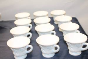 lot 71 image: Set of 12 Vintage White Ceramic Cups - Floral Grapevine Design