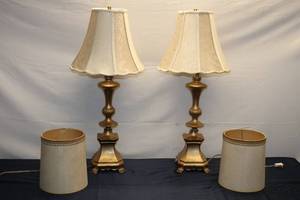 lot 96 image: Pair of Vintage Gold Table Lamps with Shades
