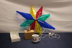 lot 110 image: Collection of Holiday Decor Items - Includes Angel Ornaments, Cup, and Star Light
