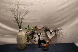 lot 125 image: Group of Decorative Home Accents - Includes Two Candle Holders, Faux Floral Arrangement, and Decorative Vase