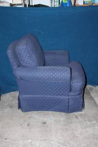 lot 135 image: Vintage Upholstered Armchair with Skirt - Blue Pattern