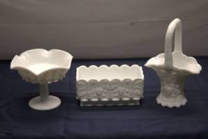lot 1 image: Set of 3 Vintage White Milk Glass Serving Pieces - Grapevine Motif
