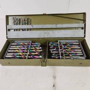 Large Lot Of Drill Bits In Metal Box Incomplete Good Condition
