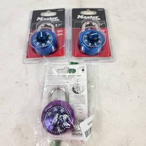 Lot Of Three Master Lock Padlocks 2 Blue 1 Purple Open And Damaged Packs
