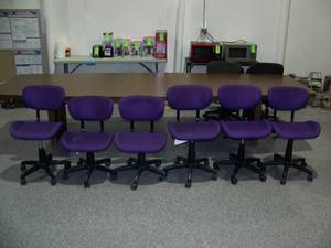 lot 17 image: Lot of Six (6) Ergonoically-Designed Adjustable Rolling Office PURPLE Fabric Task Chairs
