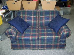lot 21 image: Small Plaid Couch  Loveseat with Throw Pillows - Very Good, Clean Condition