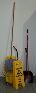 lot 140 image: Mop with Rolling Bucket, (2) Caution  Slippery When Wet Signs and Broom with Pick-up Scooper