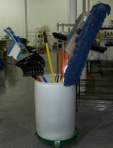 lot 141 image: Rolling Utility Bucket with Brooms, Mops, Dust Pans, Shovels, Snow Markers and more