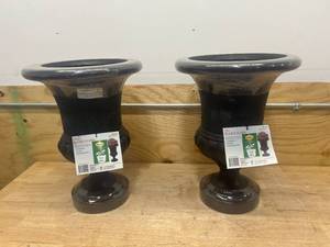 lot 152 image: VIGORO Lot of 2- 15.5 in. Orland Large Aged Charcoal Stone Fiberglass Urn Planters (15.5 in. D x 21 in. H)