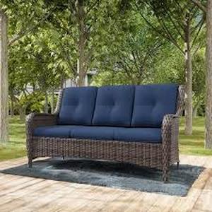 3-Seat Wicker Outdoor Patio Sofa Sectional Couch with Blue Cushions  Customer Returns See Pictures