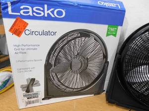 lot 62 image: Lasko 20 in. 3 Speeds Floor Fan in Black with 90 Degrees Tilt Adjustment, Built-In Carry Handle, Wall Mountable