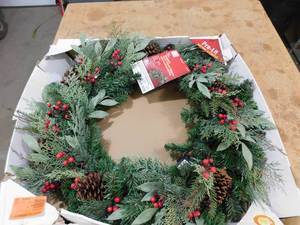 lot 92 image: 36 in. Woodmoore Battery Operated Mixed Pine LED Pre-Lit Artificial Wreath with Timer