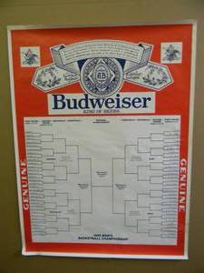 lot 9 image: VINTAGE ORIGINAL 1992 MARCH MADNESS BRACKET BUDWEISER BEER ADVERTISING POSTER, MINNEAPOLIS, MN. APRIL 6TH 1992 - RARE - FANTASTIC ORIGINAL PIECE - APPROX 24 By 32 - SEE PICTURES