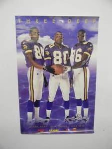 lot 21 image: ORIGINAL RARE THREE DEEP - MINNESOTA VIKINGS - MOSS, CARTER, REED POSTER - FANTASTIC ORIGINAL PIECE - APPROX 23 By 35 - SEE PICTURES