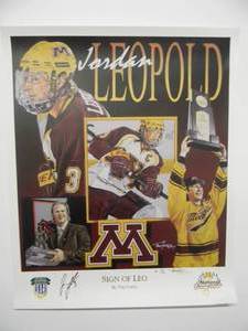 lot 29 image: Jordan Leopold HOBEY BAKER  NATIONAL CHAMPION MINNESOTA GOPHER SIGNED & NUMBERED AP 44 of 50 ART POSTER - SIGN OF LEO By Tim Cortes - RARE - FANTASTIC ORIGINAL PIECE - APPROX 20 By 24 - SEE PICTURES