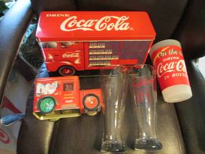 Coca-Cola collectible tins, tall gl...