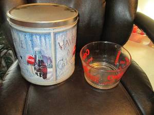 Lidded Coca-Cola tin and glass popc...
