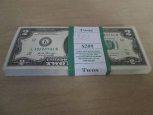 $200.00 Mint Consecutively numbered and banded $2.00 bills from the Federal Reserve