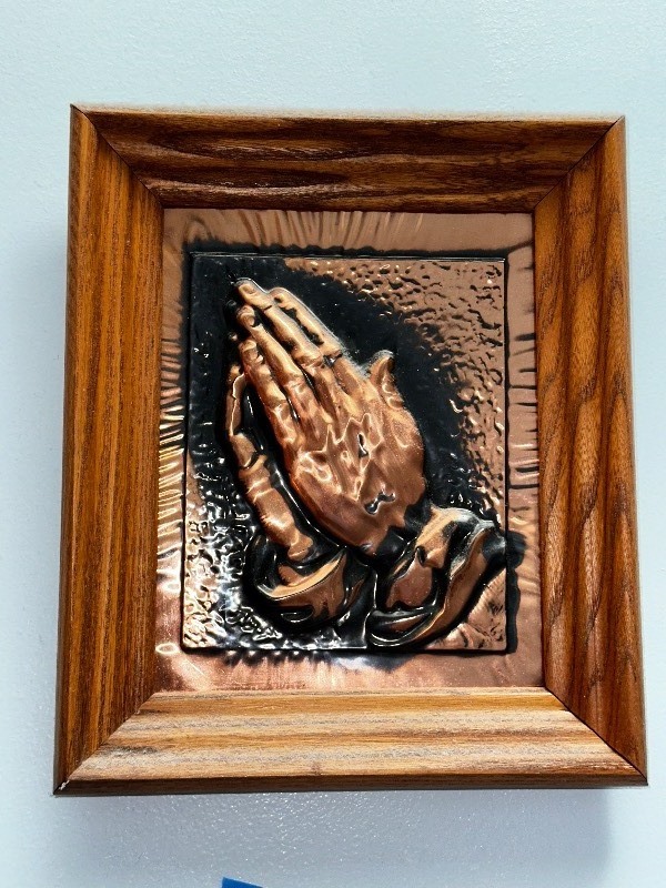 lot 119 image: Vintage Praying Hands Framed Art Measuring 9 Inches by 10 Inches.