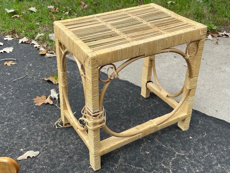 lot 904 image: MCM Rattan Side Table Measuring 16.5 Inches x 12 Inches x 17 Inches