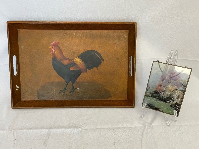 lot 65 image: Wooden Serving Tray and 5 Inches by 7 Inches Decorative Glass Picture.