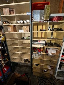 lot 1024 image: Vintage Metal Storage Shelves and Contents