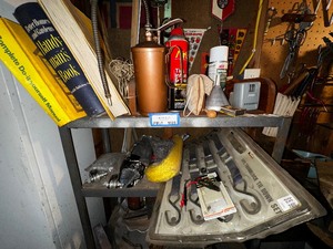 lot 1025 image: Metal Shelf and Contents of Garage Items