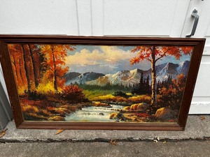 lot 907 image: Cascades by B.Carrick Print in Frame Measuring 52x28 Estimated Value $100