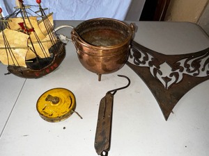 lot 1003 image: Various Vintage Items - Brass Bowl, Scale, Weather Vane, Ship Light