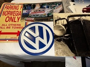lot 928 image: Variety of Metal Shop Signs and Car Posters Including Vintage VW Metal Shop Sign and Castrol Champions Metal Shop Sign