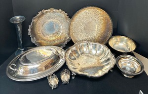 lot 56 image: Vintage Silver Plated Platters, Covered Dish, Bowls, Vase and More