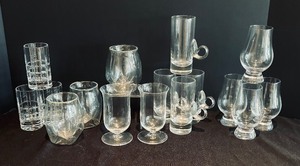 lot 80 image: Lenox Hand-Blown Irish Coffee Crystal Glasses,  Three Norlan Double-Walled Whiskey Geometric Glasses and More