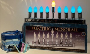 lot 161A image: Electric Contemporary Menorah Including Bulbs, Hanukkah Box of Questions and Wooden Painted Dreidel