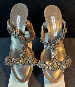 lot 129 image: Pretty Manolo Blahnik Jeweled Strapped Pumps