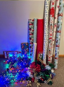 lot 163 image: Christmas  Hanuka Lights, Ornaments, Gift Wrap, Bows, Lights and More