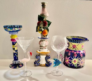 lot 172 image: Colorful Collection of Hand Painted Martini Glasses, Candle Holder, Pitcher and More