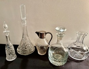 lot 173 image: Vintage Clear and Crystal Cut Glass Decanters and Pitcher and More