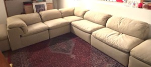 lot 5 image: Cream Velvet Printed Sectional Couch with Ottoman