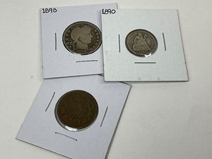 lot 23 image: 1890 Seated Dime, 1868 2 Cent Piece, and 1898 Barber Quarter