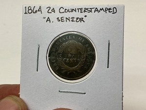 lot 89 image: 1864 2 Cent Counter stamped A. Senior