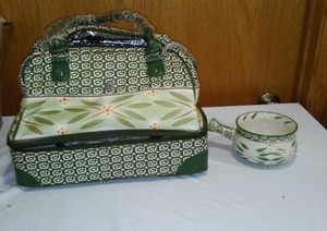 lot 739 image: Temptations Old World Sage Green Thermal Insulated Carrier Tote Bag And More.