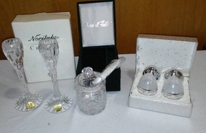 lot 746 image: Noritake Crystal Candle Holders, Crystal Jelly Jar, And Egg Salt & Pepper Shakers.